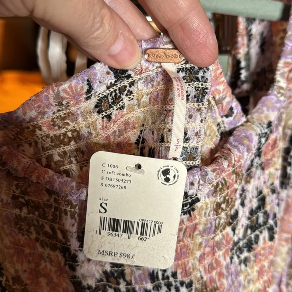 NWT Free People Back On Top Floral Smocked Puff Sleeve Top Size Small